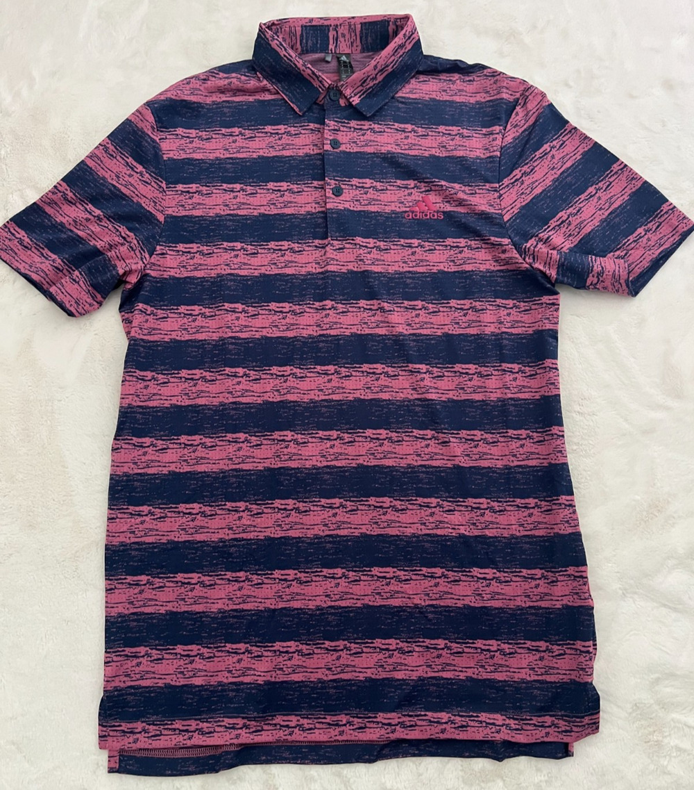 adidas Mens Size Small Pink Navy Striped Short Sleeve Polo Shirt